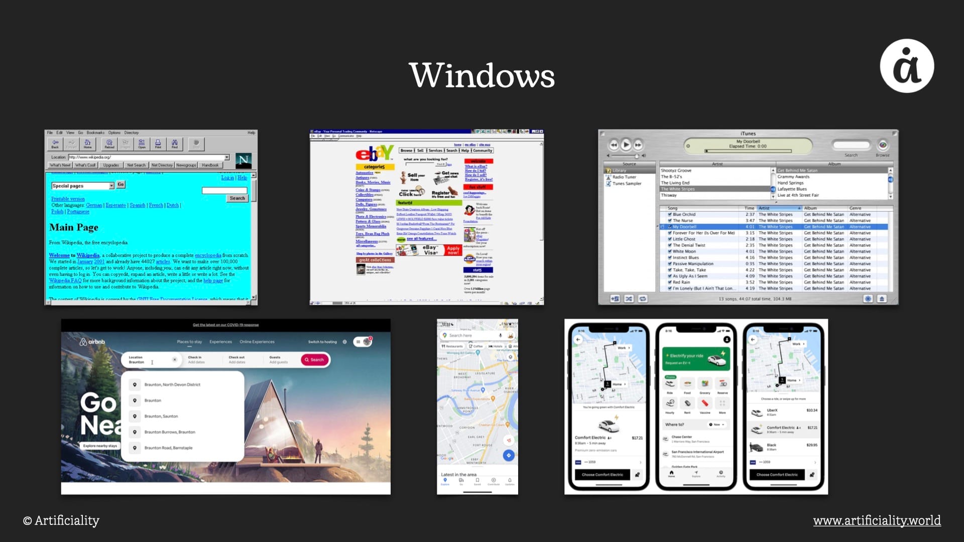 A set of screenshots of "window" tools like netscape navigator, eBay, airbnb, etc.