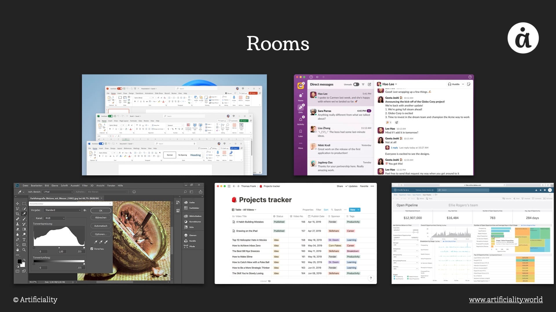 A set of screenshots of "room" tools like slack, notion, photoshop, and tableau